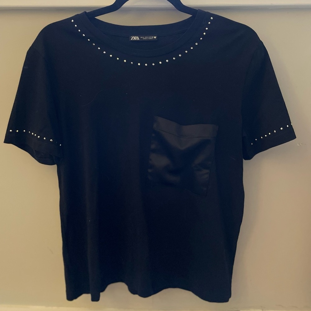 Zara black rhinestone and pocket detailed t shirt